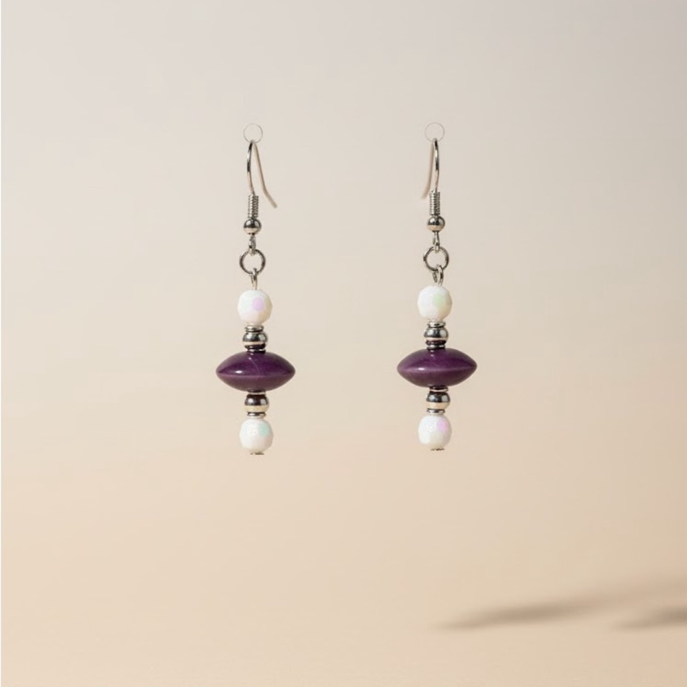 Purple and White Beaded Dangle Earrings